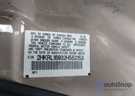 2002 Honda Odyssey Ex-L from USA, damaged, VIN 2HKRL18932H552153